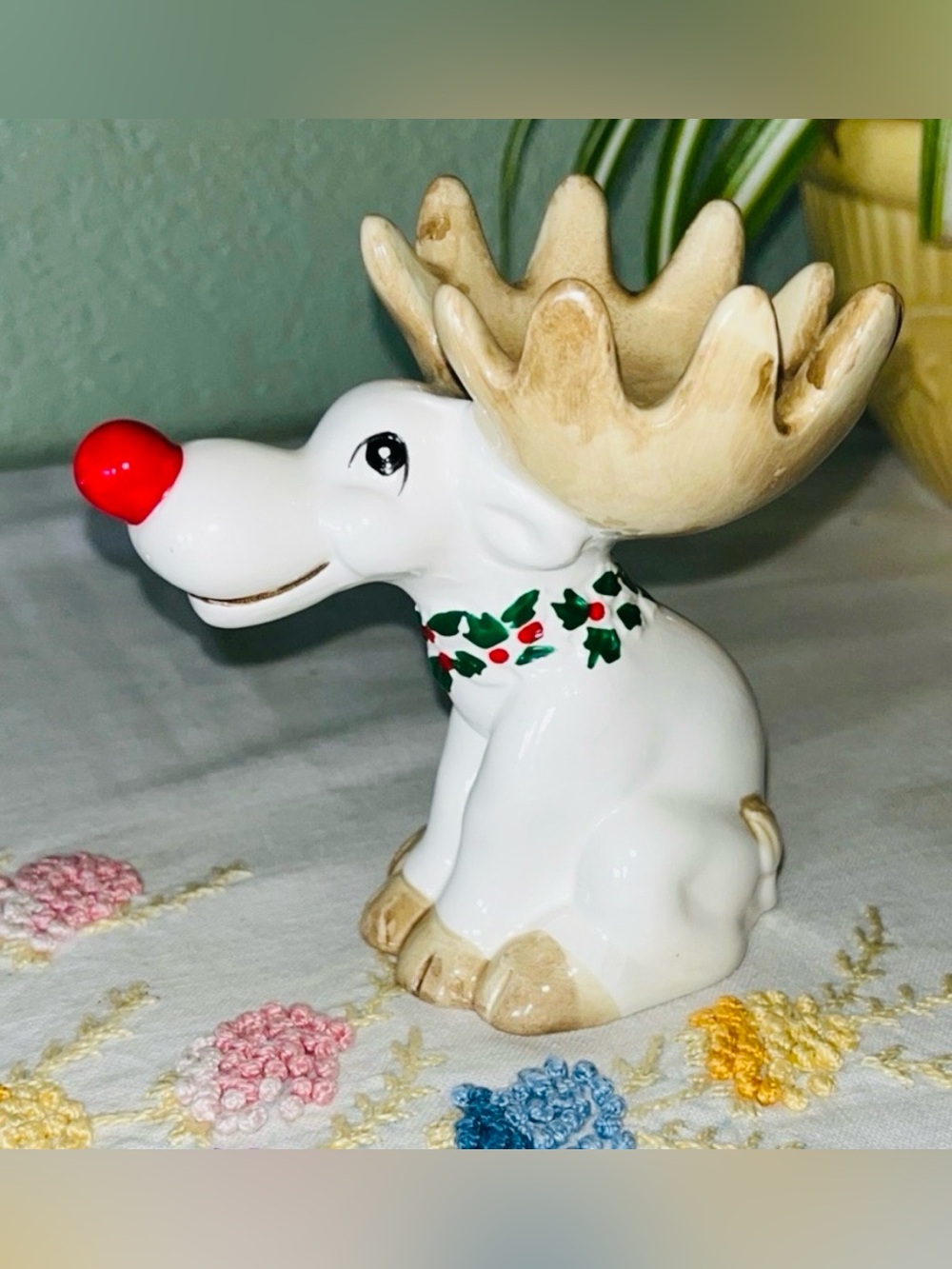 1975 Fritz and Floyd Reindeer Figurine with Red Nose, Hand Painted Christmas